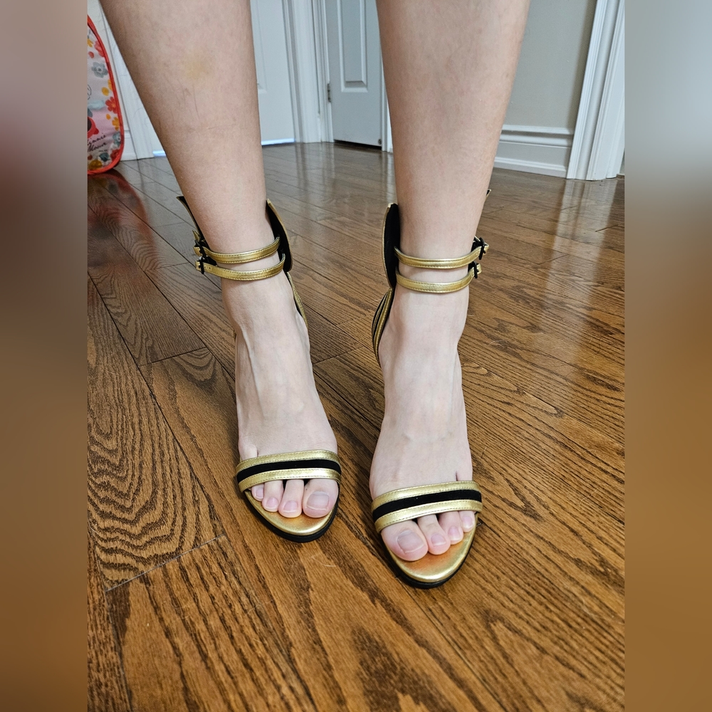 StellaLuna Gold Wings Leather Double Buckle Strap Heel Sandals - Picture 8 of 16